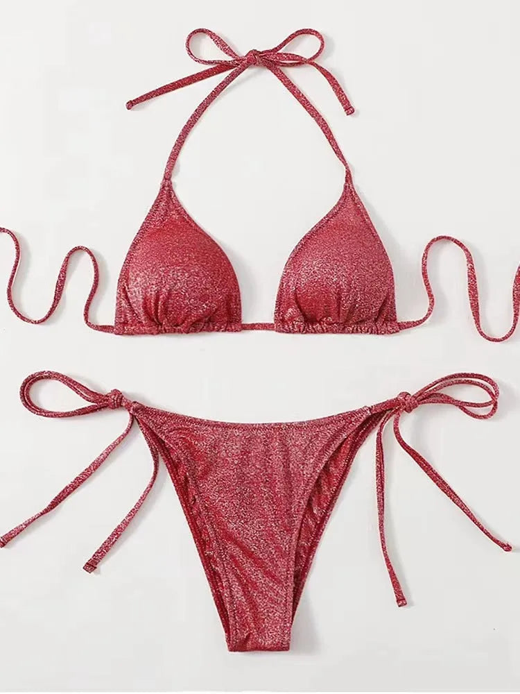 Women's bandage style bikini swimsuit set in polyester, shown in khaki gold colour.