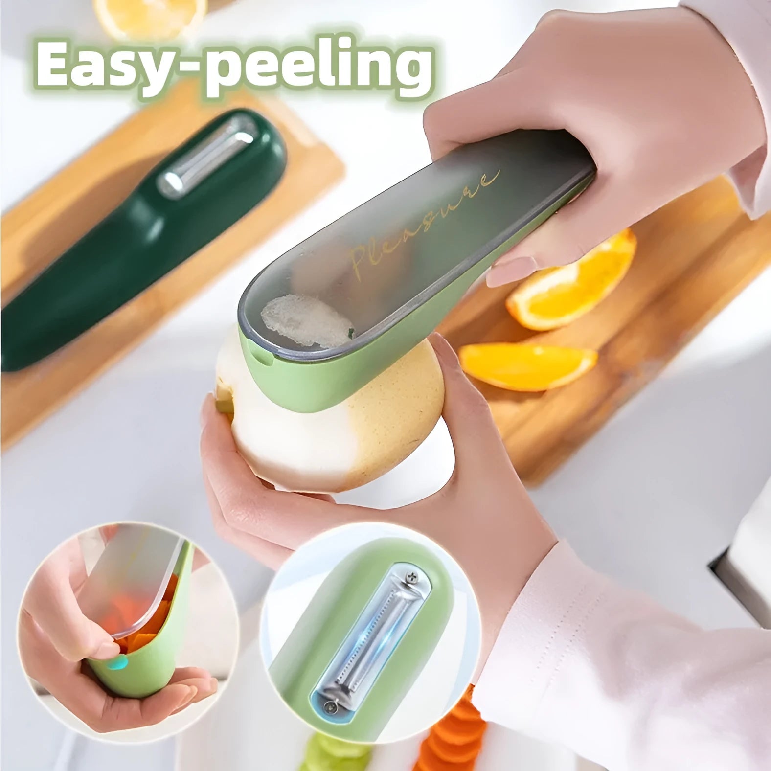 Dark green kitchen peeler with stainless steel blade inside its clear plastic storage tube
