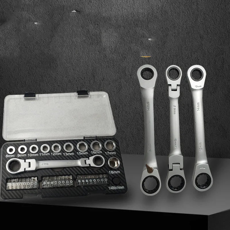 Dual-purpose ratchet wrench set with sockets and batch heads for mechanical repairs