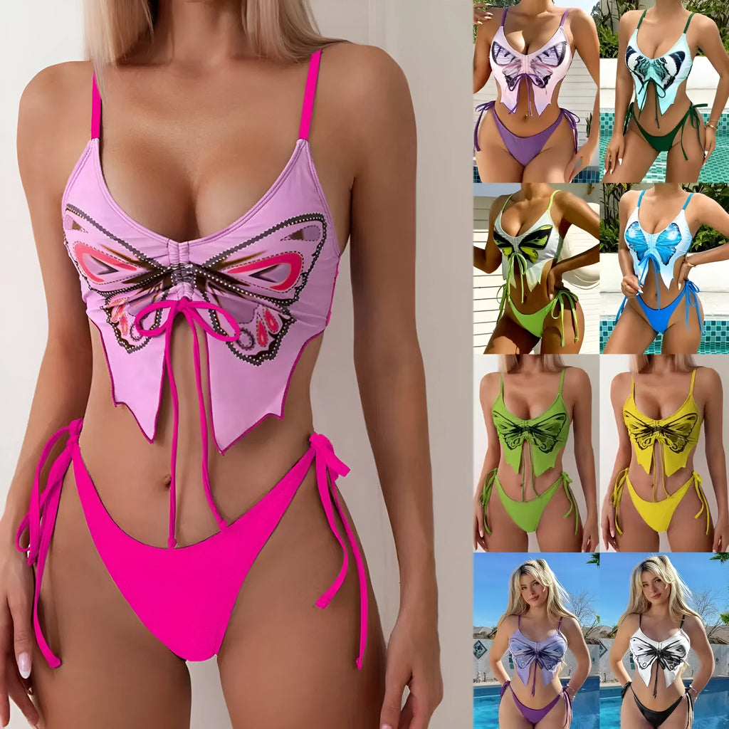 Women's purple bikini swimsuit with bow detail and split-style briefs on a mannequin.