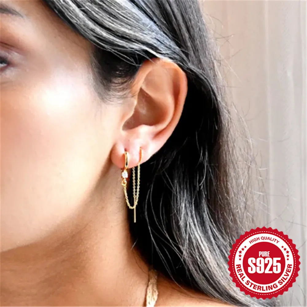 S925 sterling silver diamond flower tassel chain ear clip stud earrings with geometric design