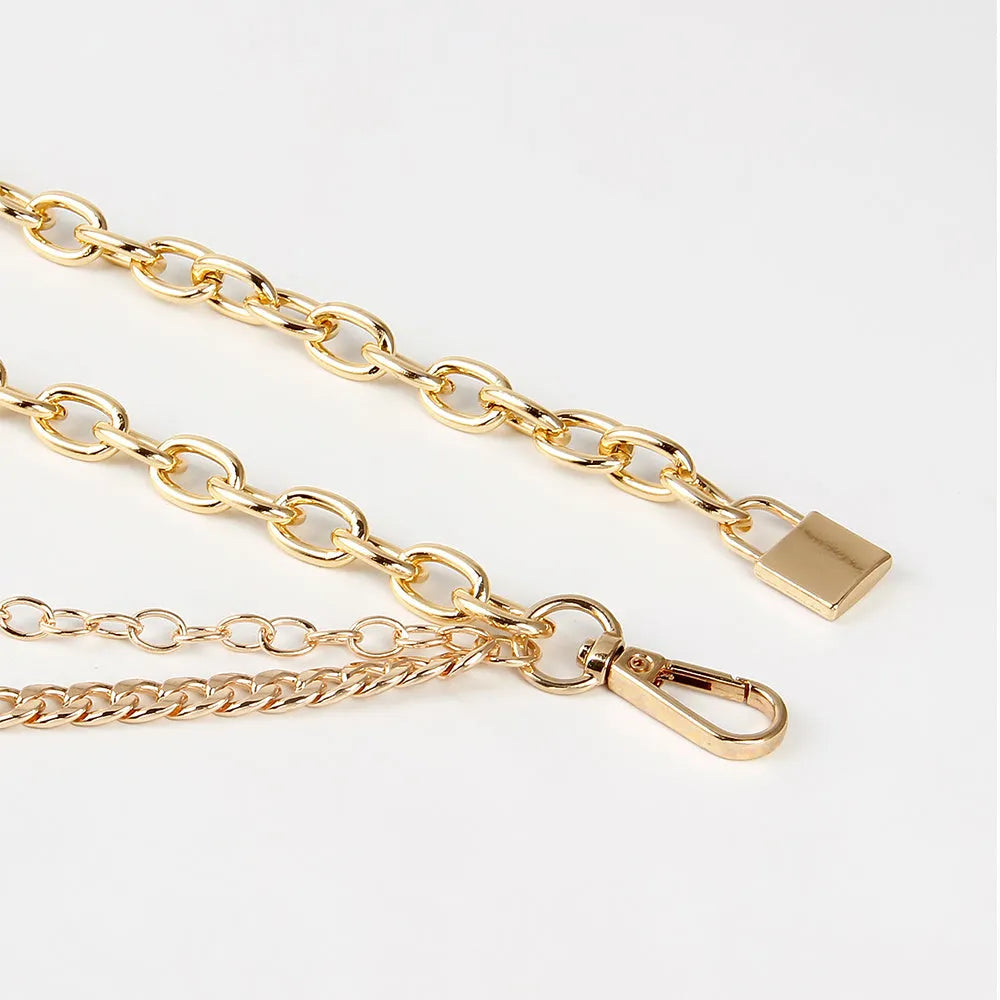 Multilayer alloy waist chain in golden and silver colours with electroplated finish, 70-100 cm adjustable