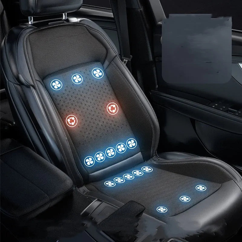 Car cooling seat cushion with ventilation fan in black colour on driver's seat with 12V power connection