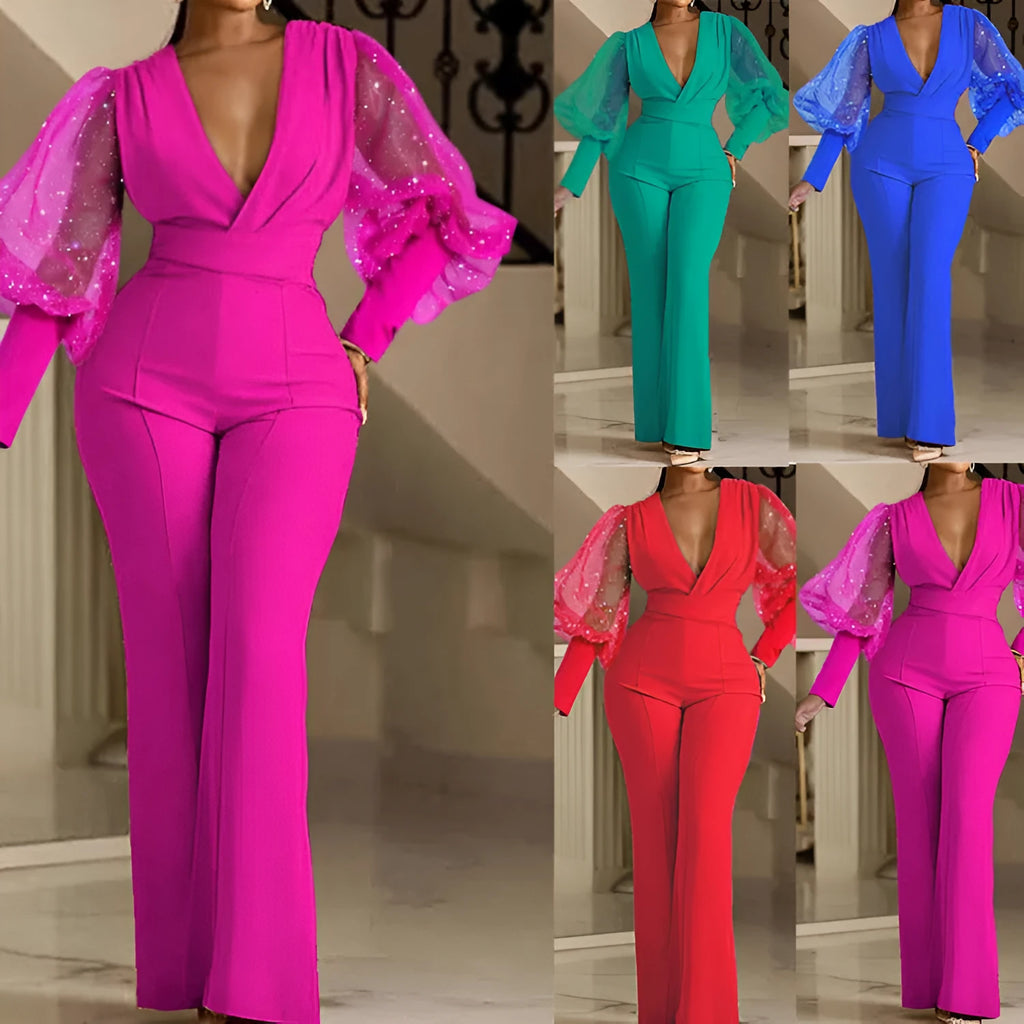 Red mesh stitch jumpsuit with elastic waist and wide legs on hanger