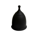 Medical grade silicone menstrual cup in black with two sizes L and S shown side by side