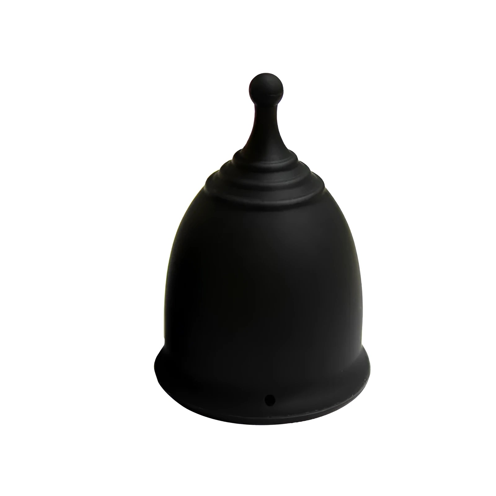 Medical grade silicone menstrual cup in black with two sizes L and S shown side by side