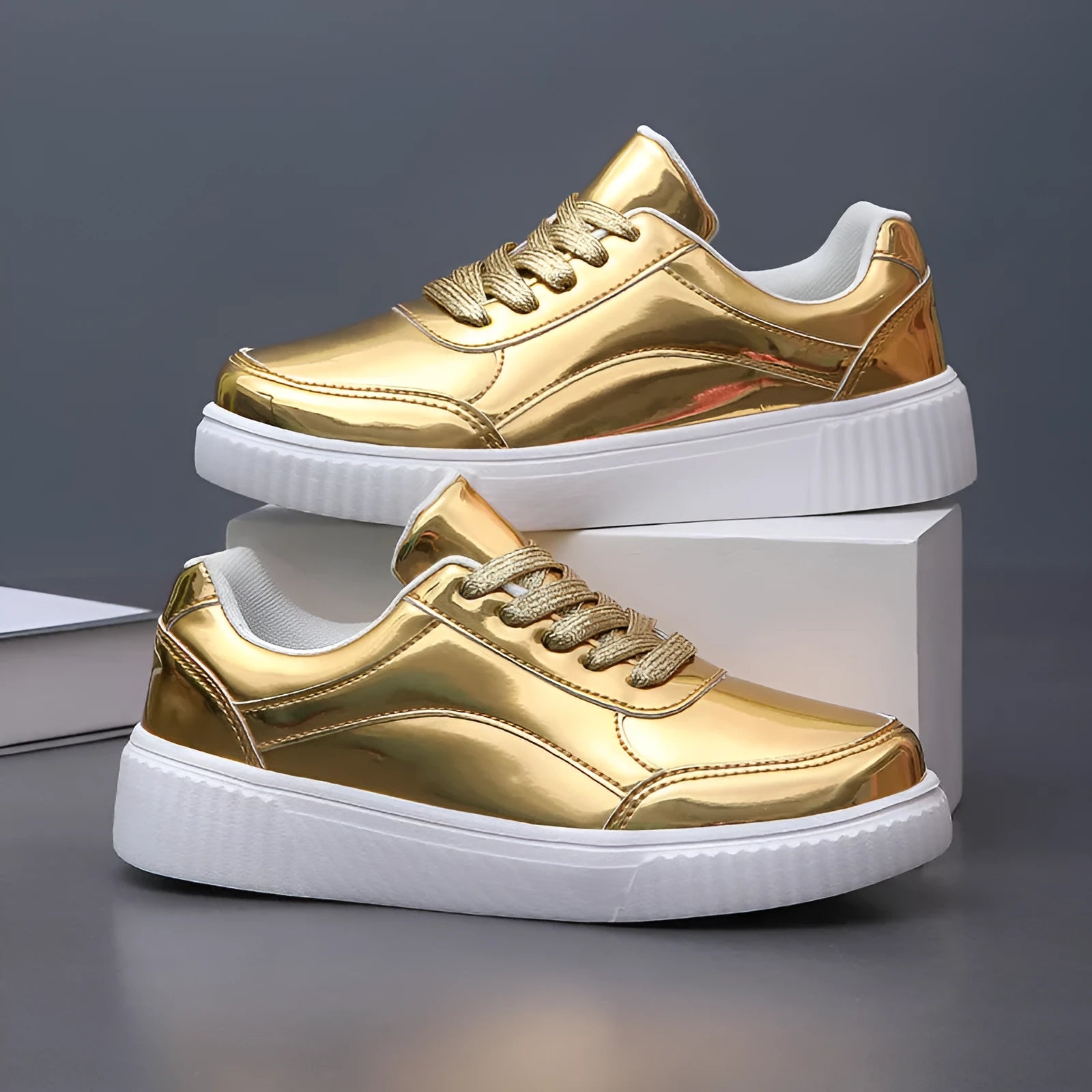 Rose gold sequin platform sneakers with round toe and 3-5cm wedge heel