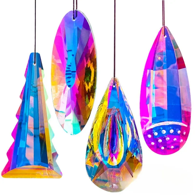 Rainbow coloured electroplated crystal decorative ornament in a tree shape for garden or indoor display.
