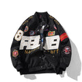 Black cotton-padded American motorcycle baseball jacket with a removable hood and side pockets.
