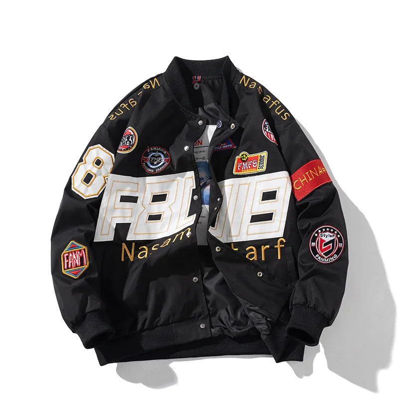 Black cotton-padded American motorcycle baseball jacket with a removable hood and side pockets.