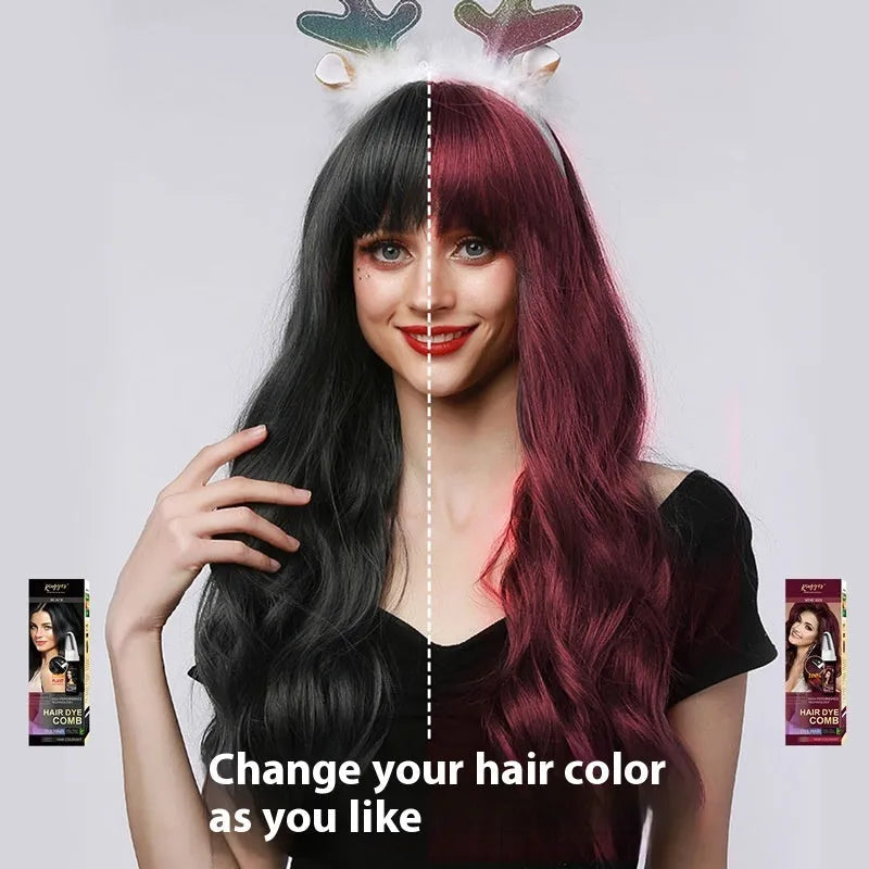 Easy comb applicator hair dye bottle in brown, wine red, and dark brown shades, 200ml.
