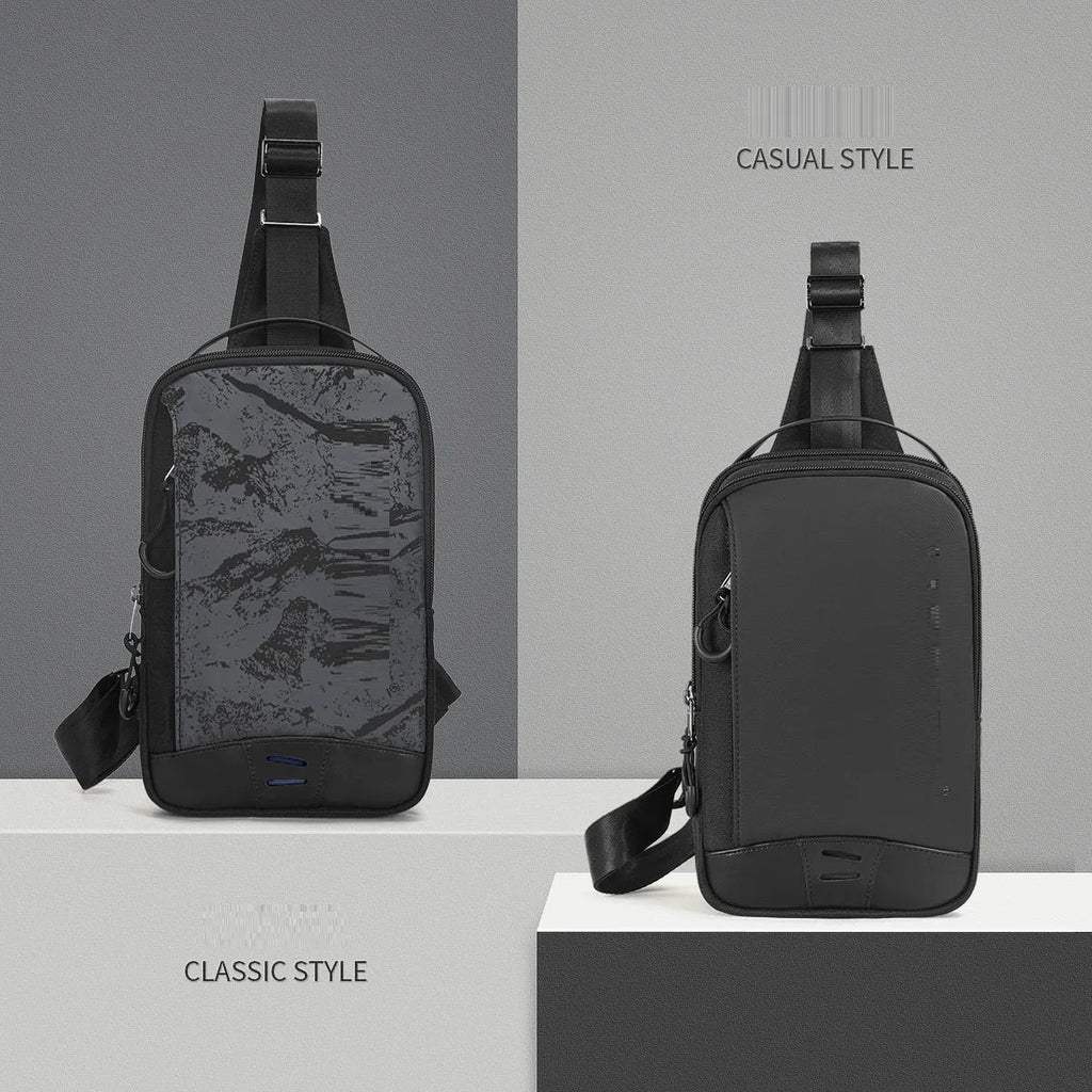 Casual black TPU chest bag with camouflage pattern, single shoulder strap, and soft handle showing square vertical shape