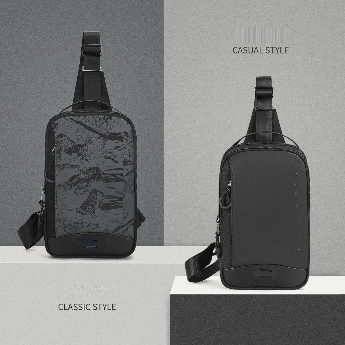 Casual black TPU chest bag with camouflage pattern, single shoulder strap, and soft handle showing square vertical shape