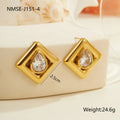 Geometric gold stud earrings with water drop zircon stones on stainless steel