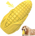Corn stick shaped dog chew toy with textured surface grooves and squeaky interactive feature