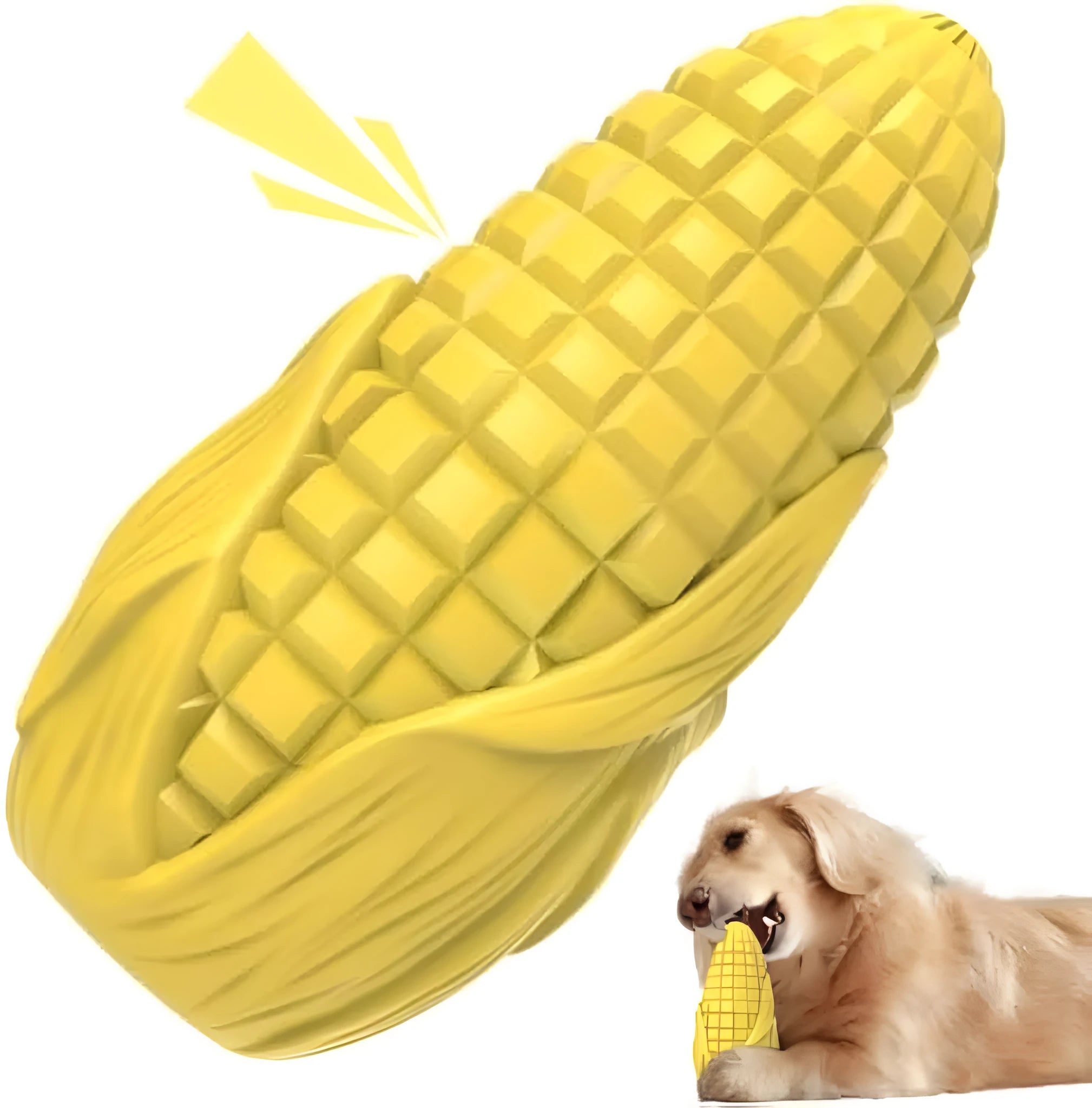 Corn stick shaped dog chew toy with textured surface grooves and squeaky interactive feature