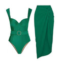 Women's one-piece swimsuit with gauze skirt in polyester fabric showing double shoulder design