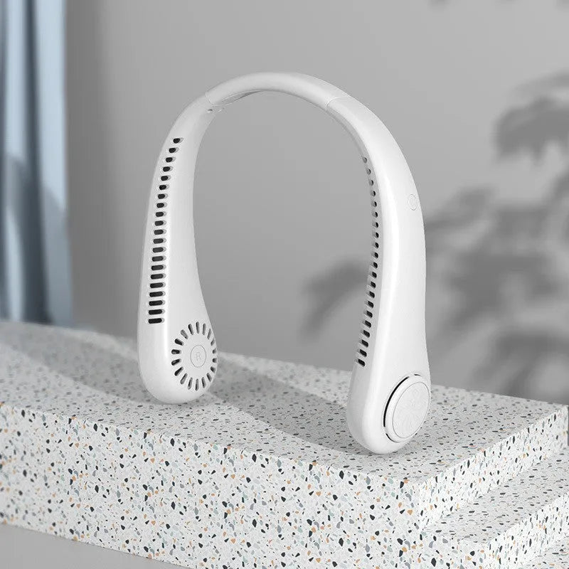 Blue bladeless neck fan with a flexible neckband, showing USB charging port and control buttons.