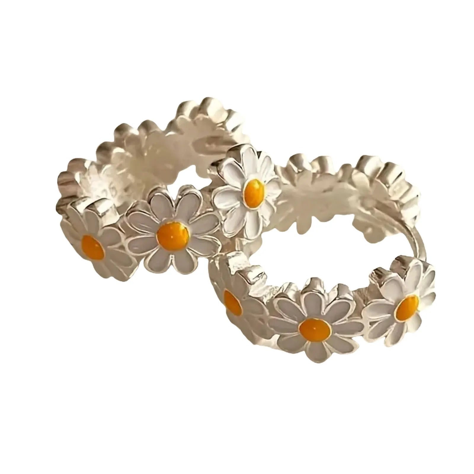 White daisy flower ring earrings with electroplated copper and platinum-accented gems.