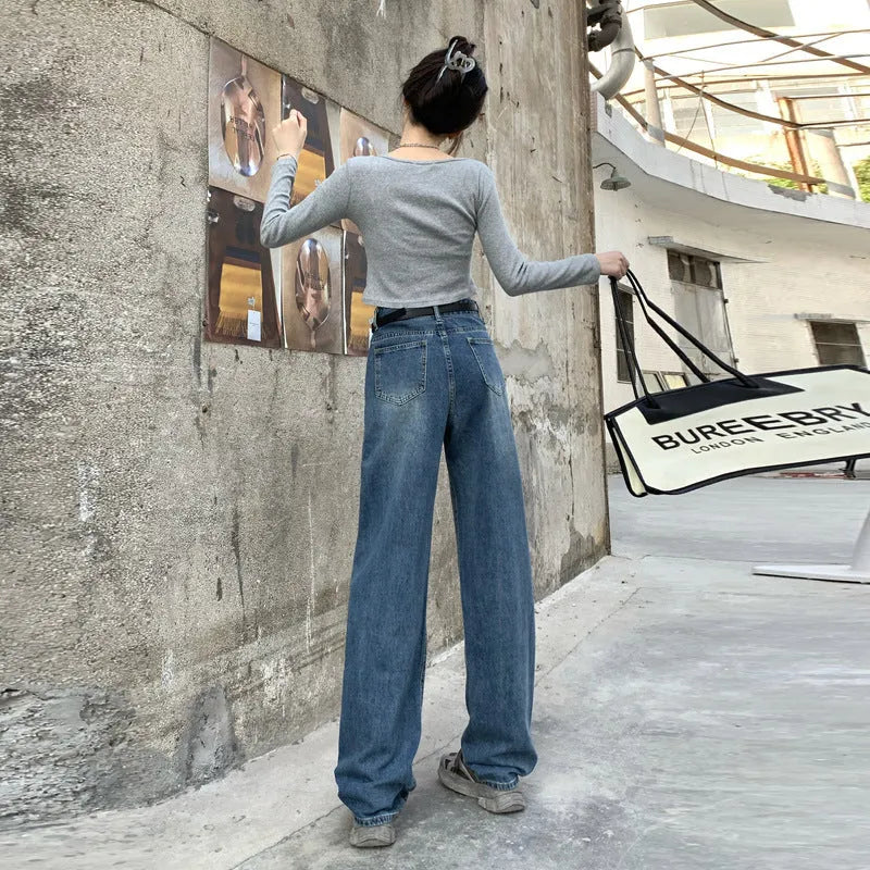 Women's retro blue straight leg jeans with high waist design in medium weight cotton denim