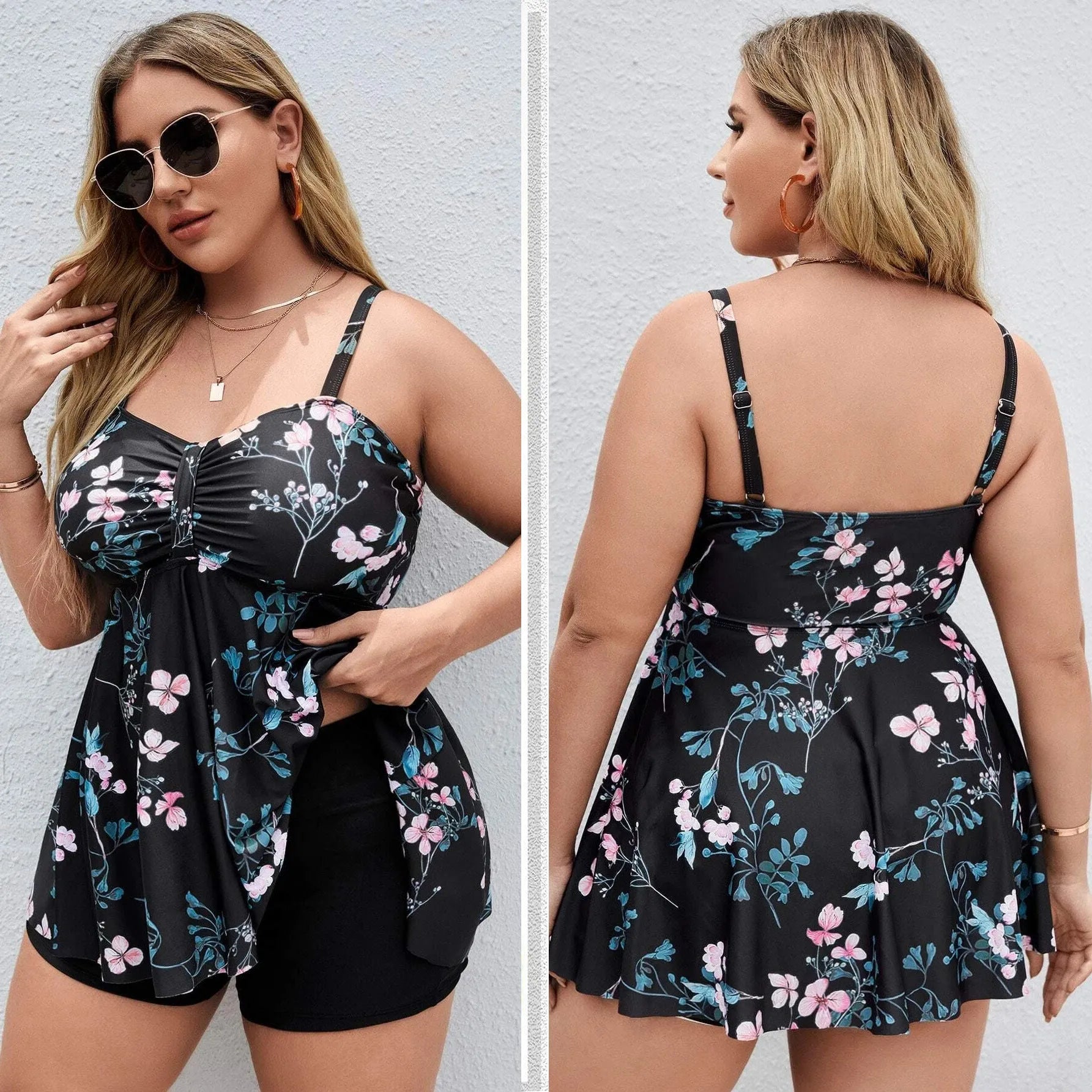 Women's floral print one-piece swimsuit on hanger, showing split colour design and high elasticity polyester fabric.