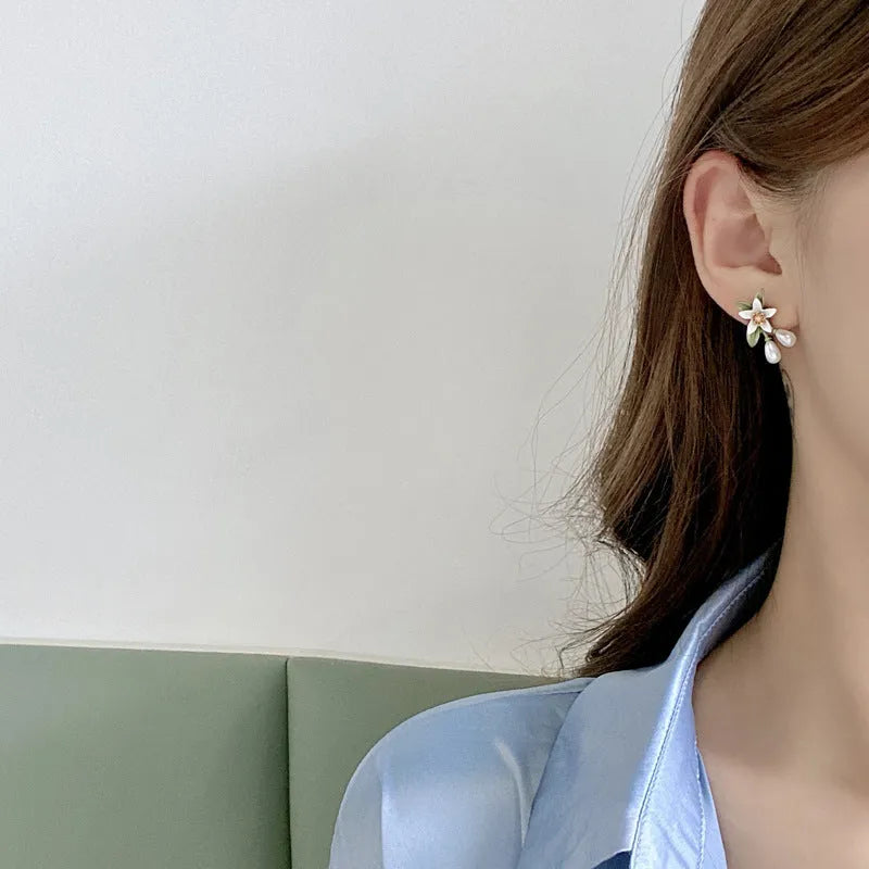 Sterling silver needle flower ear studs and flower ear clip pair alloy earrings set with camellia design