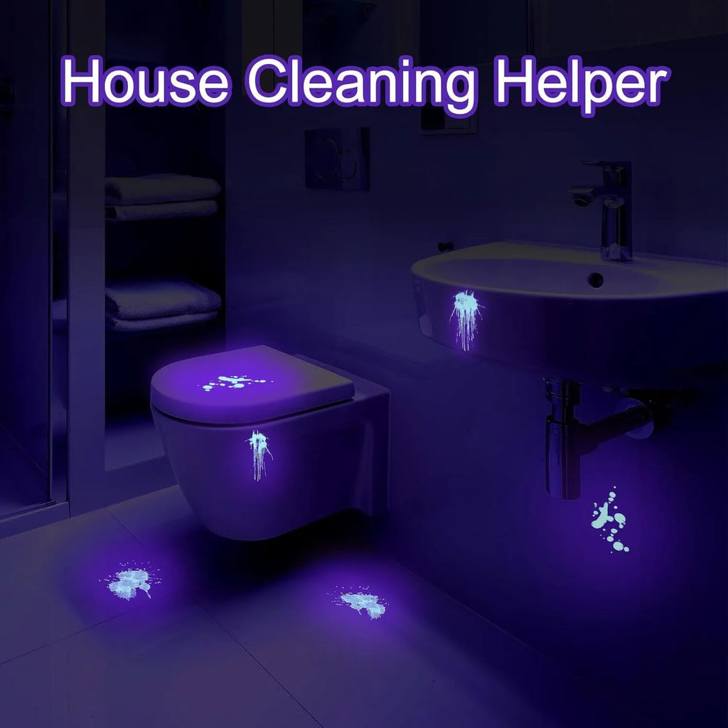 Black aluminium UV flashlight with purple LED for detecting stains and pests.