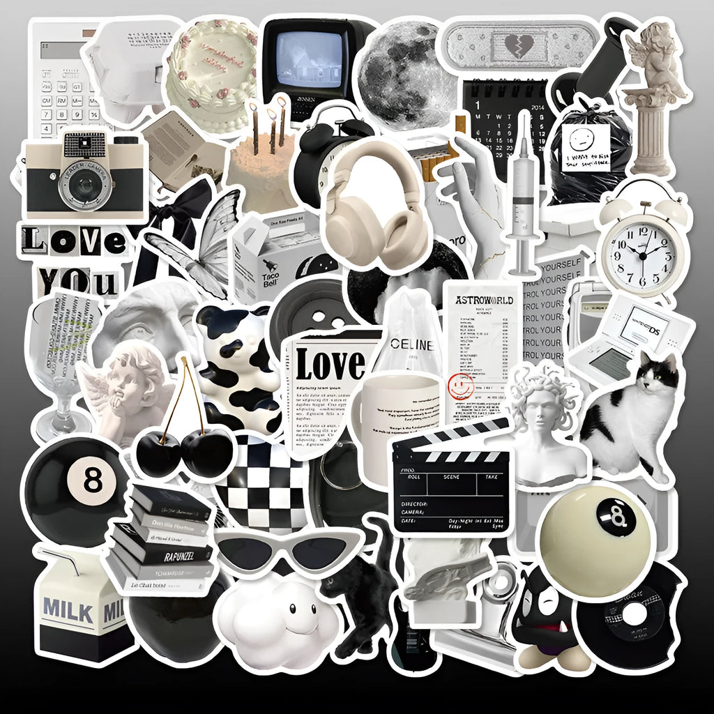 Black and white PVC waterproof sticker set with 61 pieces for laptop phone luggage customisation