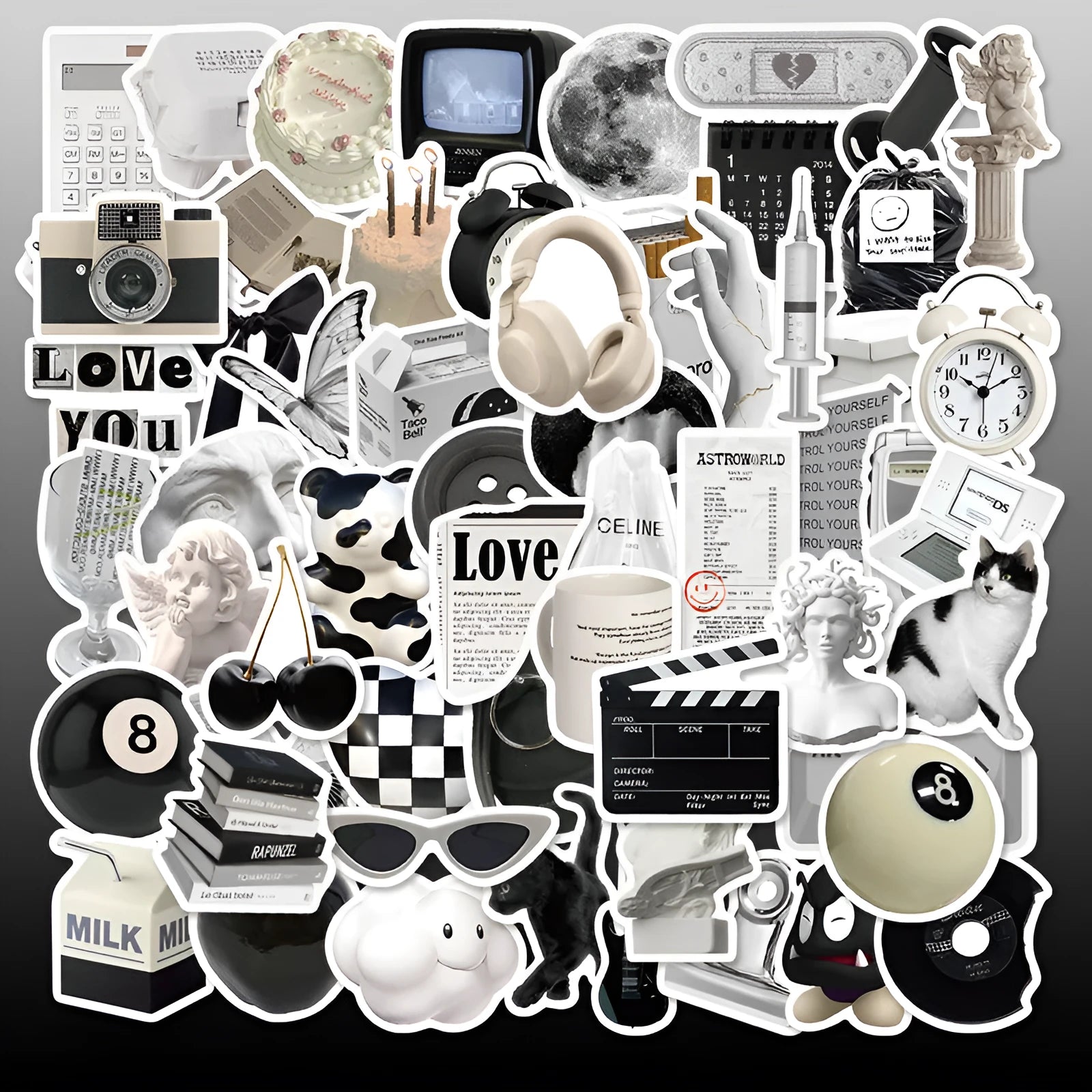 Black and white PVC waterproof sticker set with 61 pieces for laptop phone luggage customisation