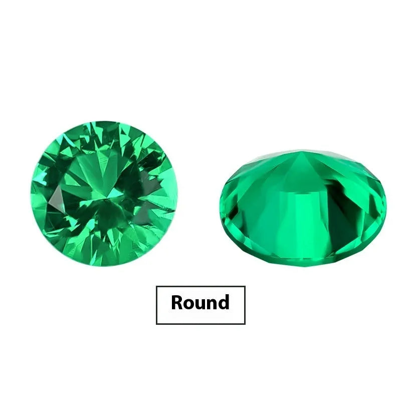 Columbia green treasure coloured synthetic emerald gemstone in round and rectangular emerald cut shapes.