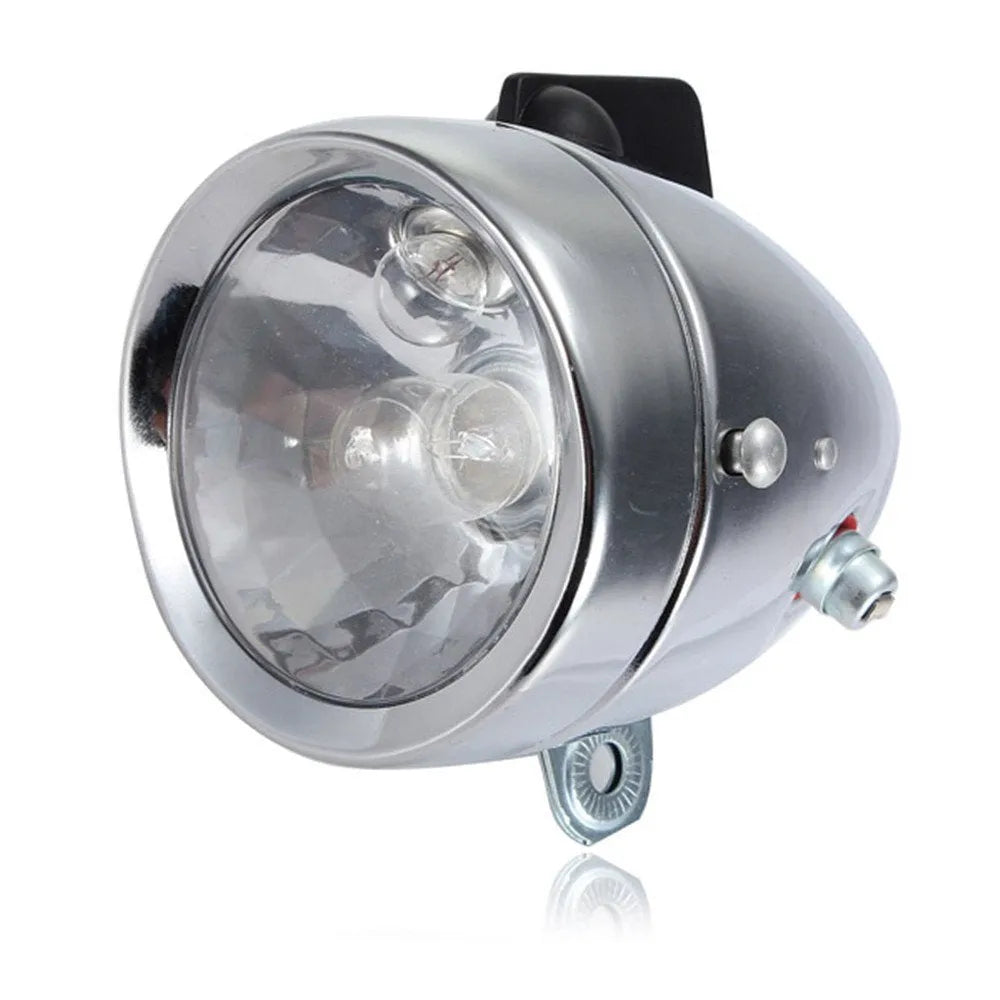 Silver bicycle dynamo generator light modification kit showing mounting bracket and wiring connections
