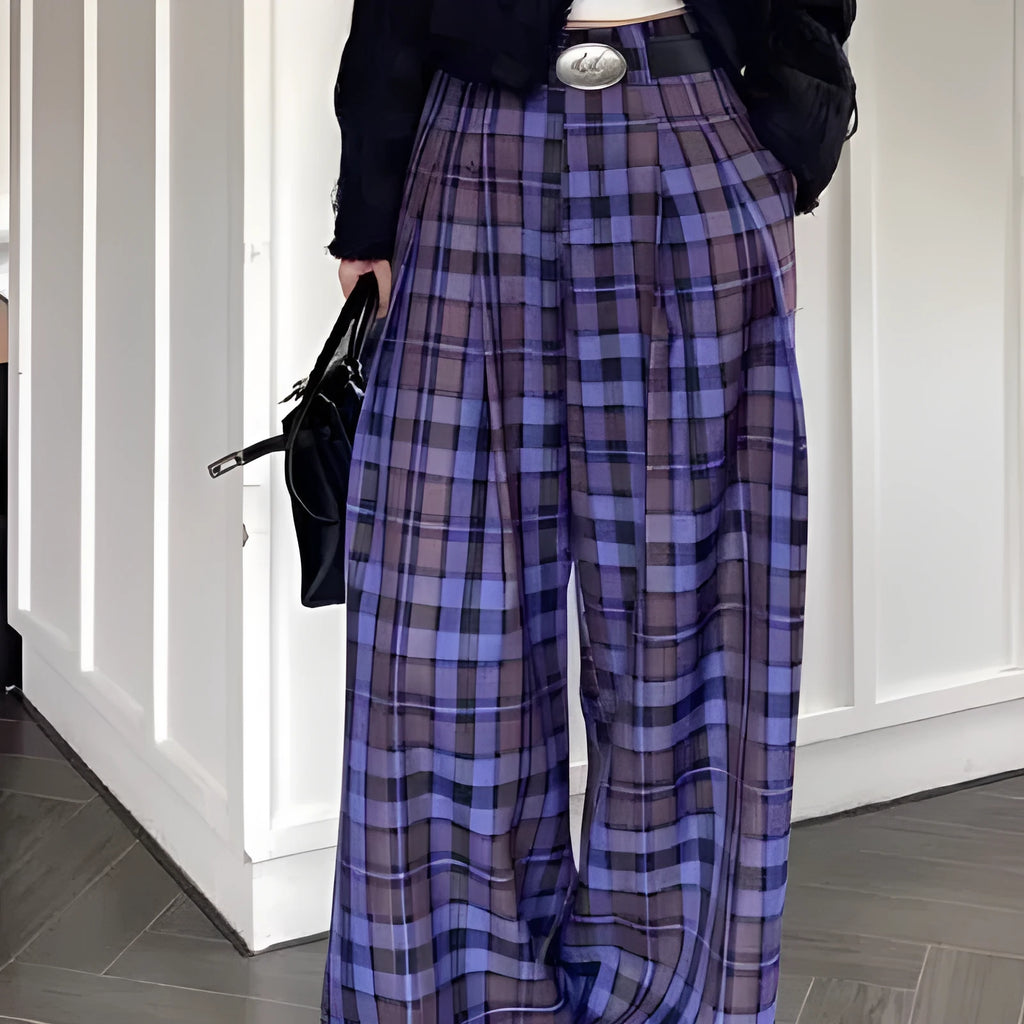 purple plaid high-waisted wide-leg casual pants retro Hong Kong style women