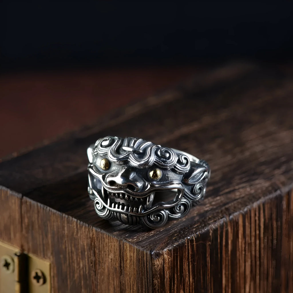 Silver open style ring with Jibeast animal zodiac pattern and diamond detailing