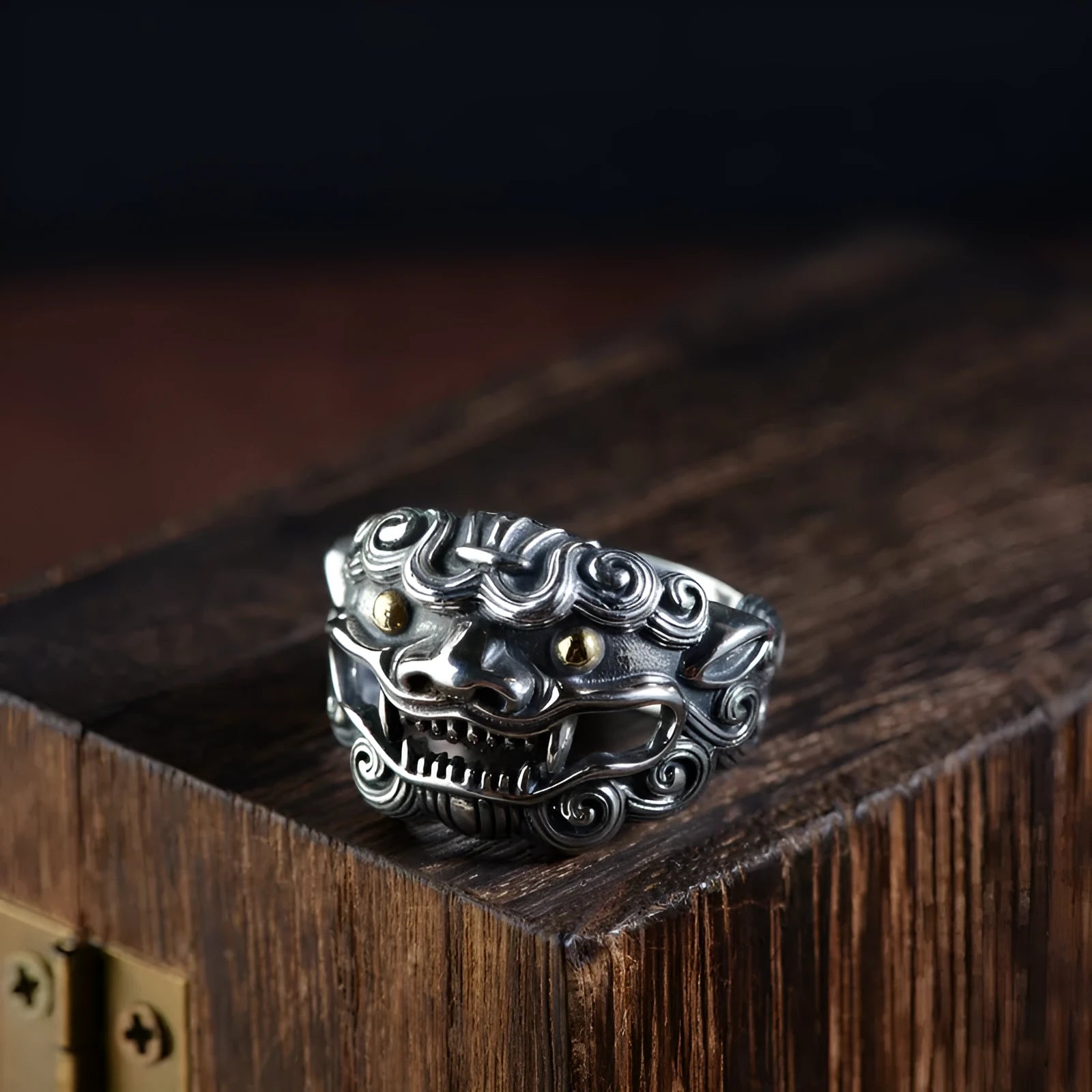Silver open style ring with Jibeast animal zodiac pattern and diamond detailing