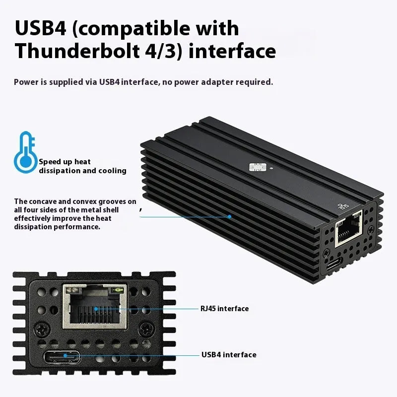 Black Leyu USB4 to RJ45 10 Gigabit Ethernet network adapter dongle with 20cm cable.