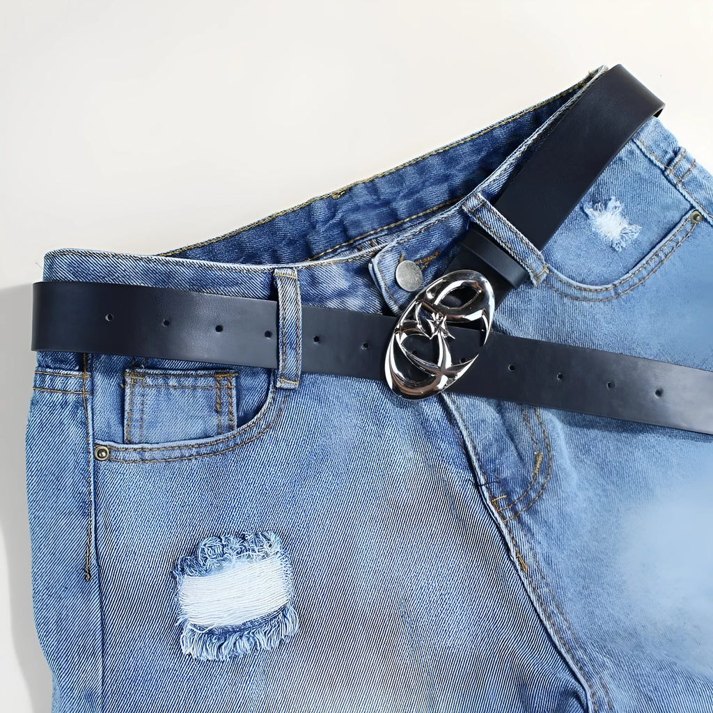 Casual silver buckle belt made from black PU leather with a snap button fastening