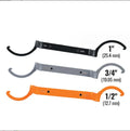 Orange, grey, and black magnetic crescent wrenches with catheter locking mechanism on one tool