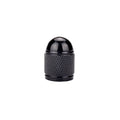 A single aluminium mountain bike tyre valve cap shown in a choice of five colours: black, blue, gold, red, and silver.