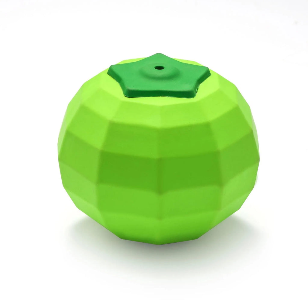 Green natural rubber squeaky dog toy for aggressive chewers, shown with dimensions.
