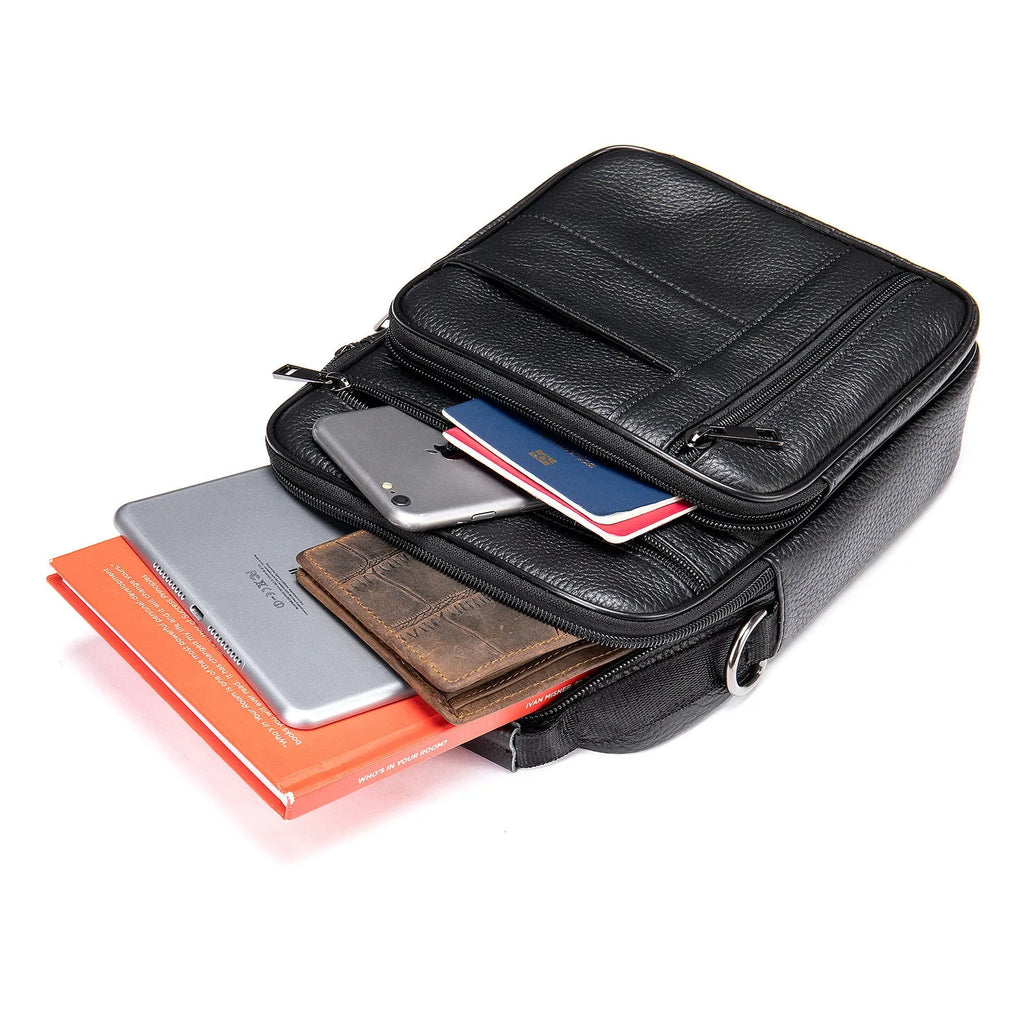 Men's vintage genuine leather shoulder bag in vertical square design showing internal organisation pockets