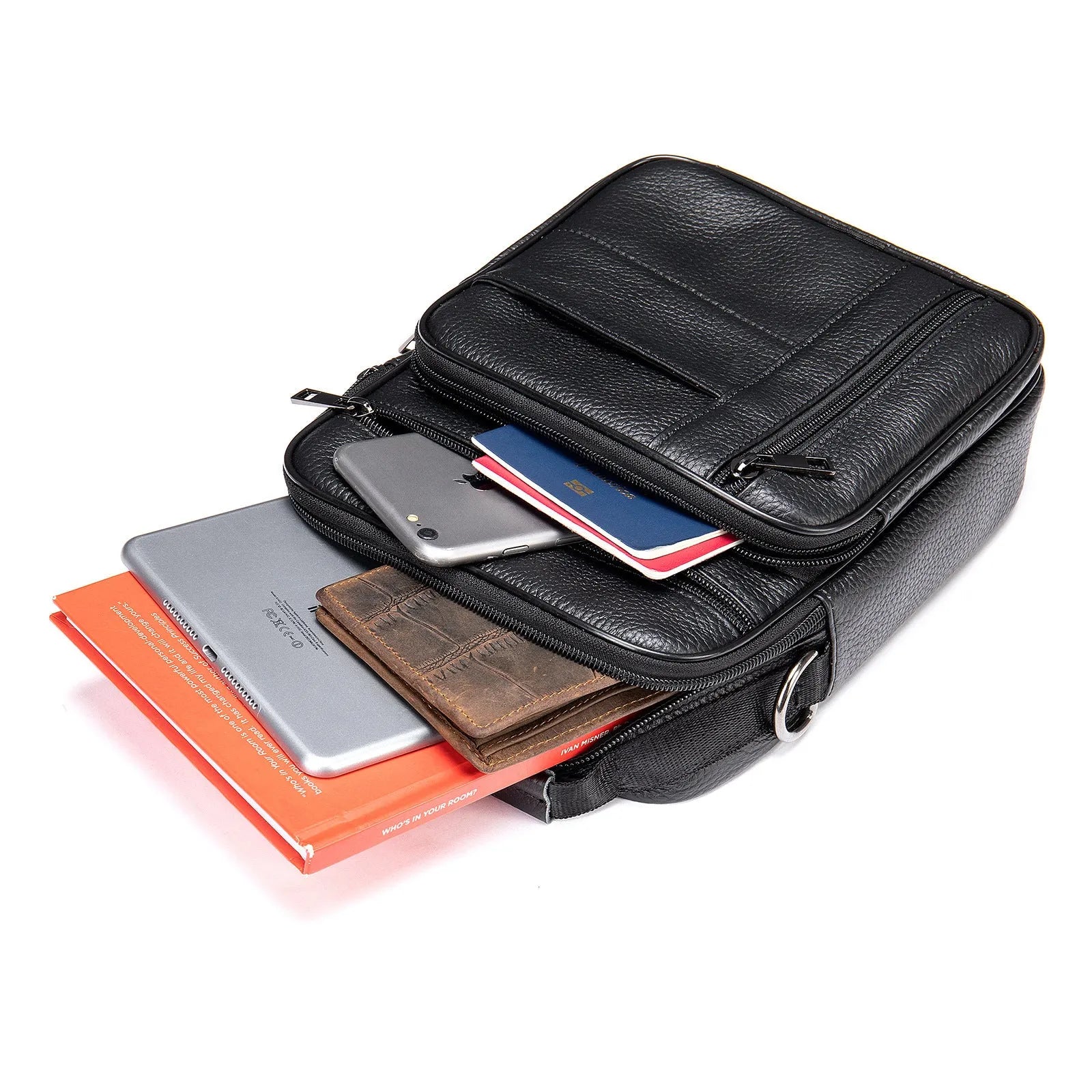 Men's vintage genuine leather shoulder bag in vertical square design showing internal organisation pockets