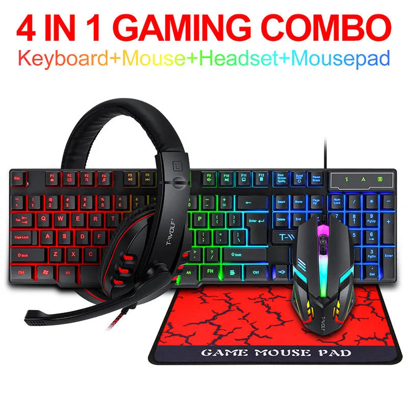 Thunder Wolf gaming keyboard and mouse set with headset and mouse pad on desk