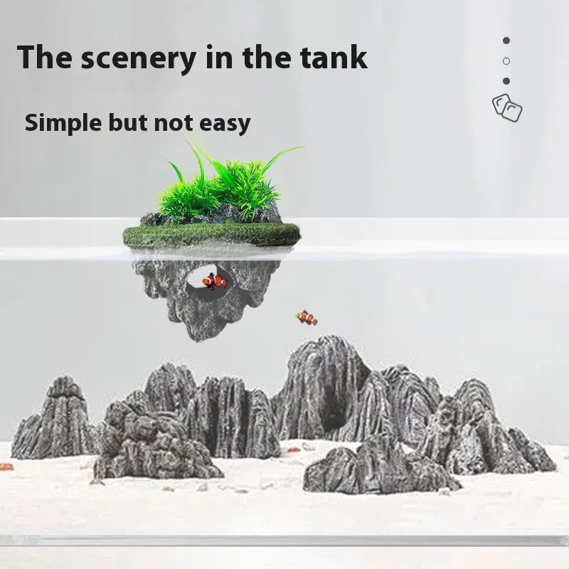 Medium resin fish tank landscaping suspended stone floating ornament with self-floating island option