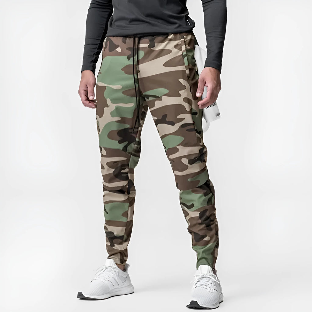Men's grey quick-dry fitness pants with ankle ties in loose casual style