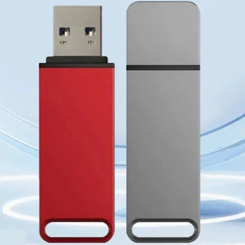 Black metal USB flash drive with custom graphic design showing capacity options