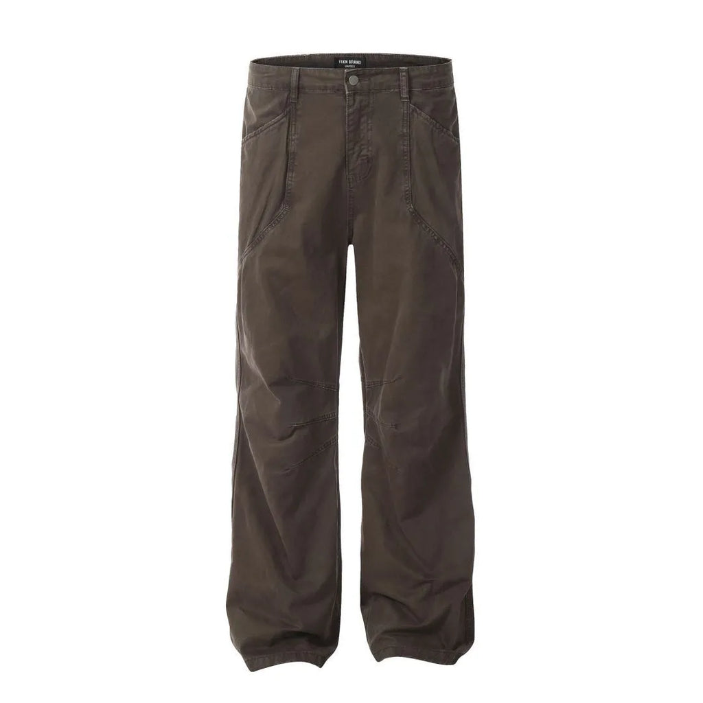 Men's brown loose straight wide-leg high-waisted cotton trousers laid flat.