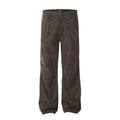 Men's brown loose straight wide-leg high-waisted cotton trousers laid flat.