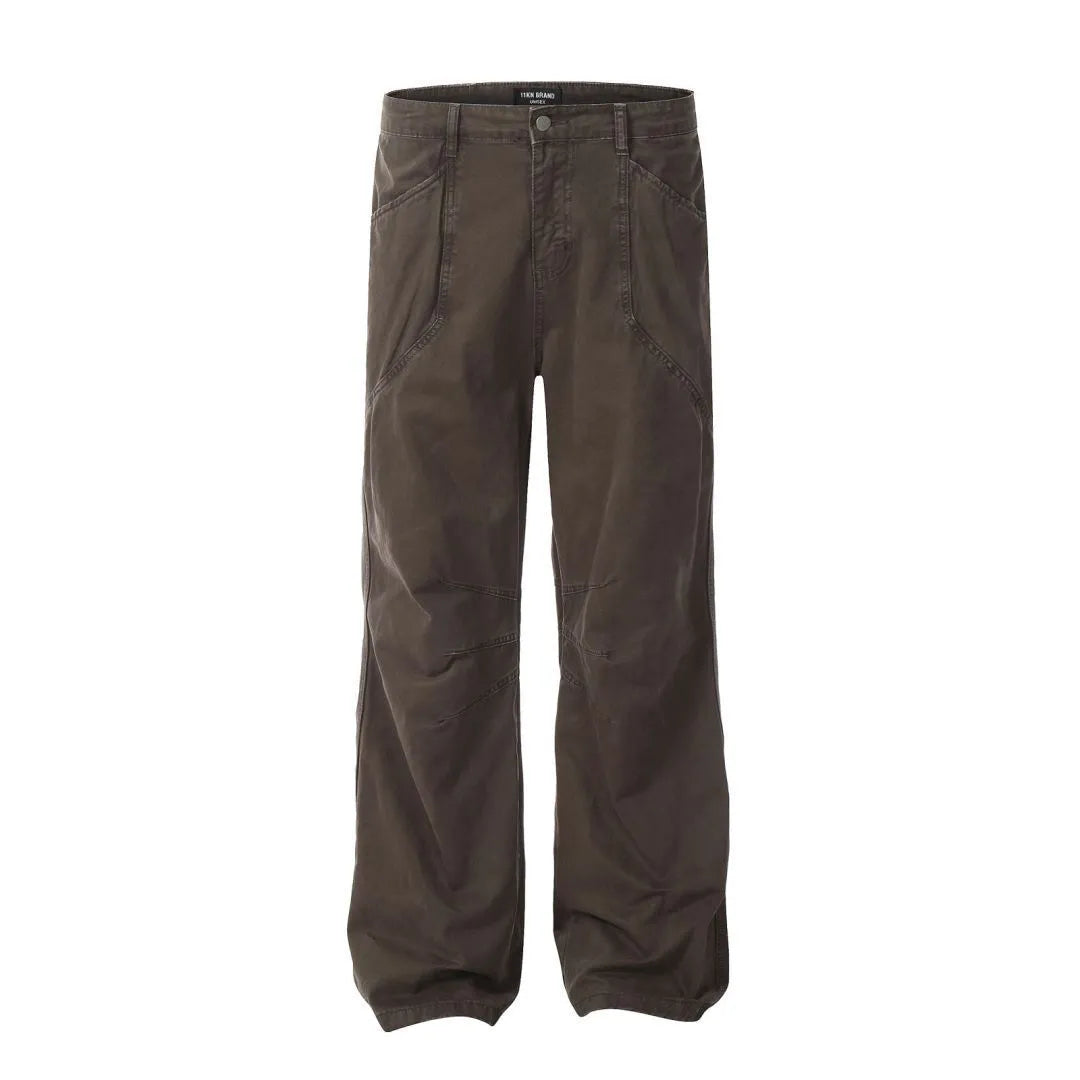 Men's brown loose straight wide-leg high-waisted cotton trousers laid flat.