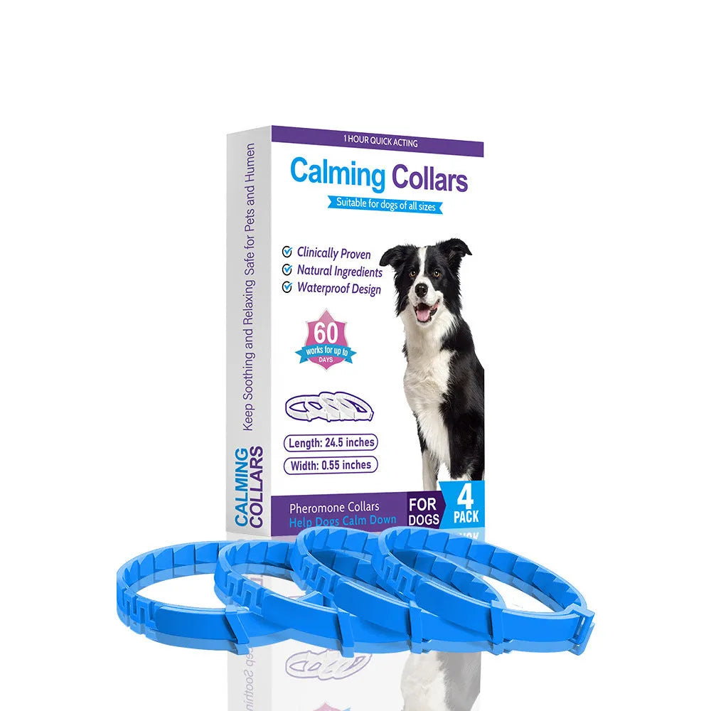 Four dog calming collars in assorted colours with adjustable 62cm length and TPR material