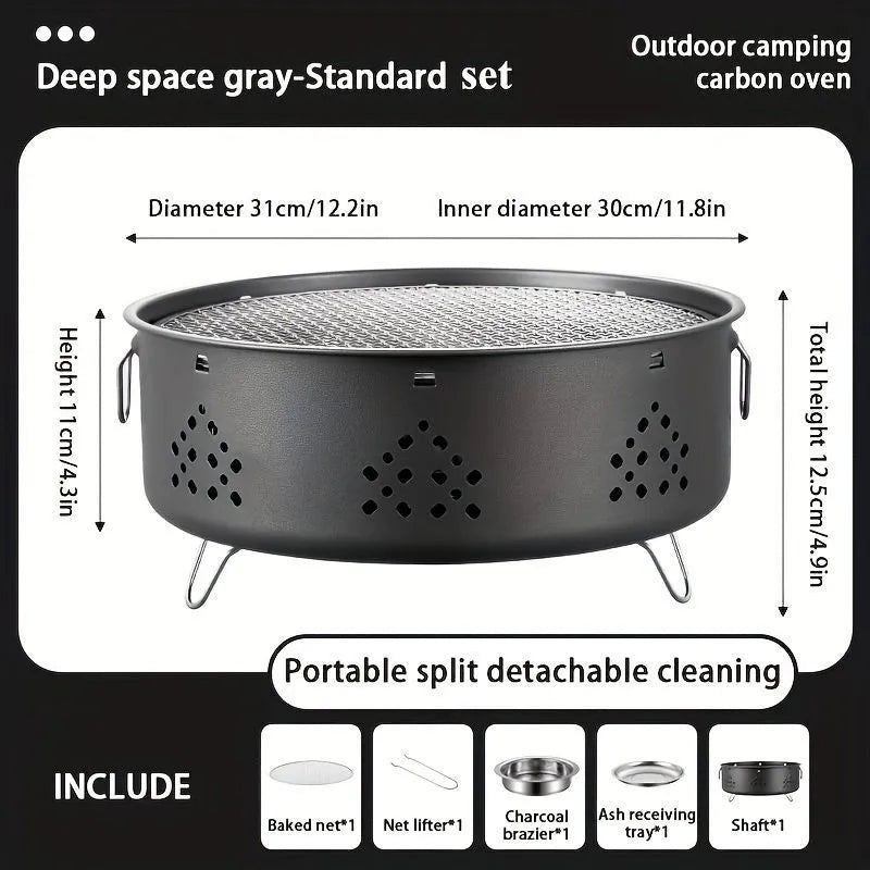 Portable stainless steel BBQ stove with detachable design and anti-scalding handle in Space Gray for outdoor camping